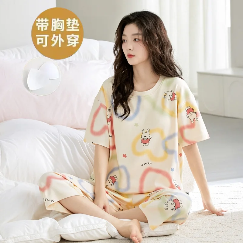 Pajama Women's Summer with chest pad integrated short-sleeved Calf pants women's dormitory casual loungewear can be worn outside