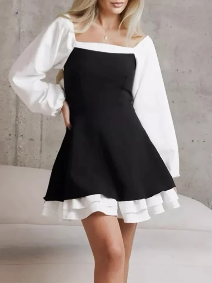 

Spring Women New Vacation Dress Trendy Square Collar Color Blocked A-line Dress Elegant Long Sleeve High Waist Party Short Dress