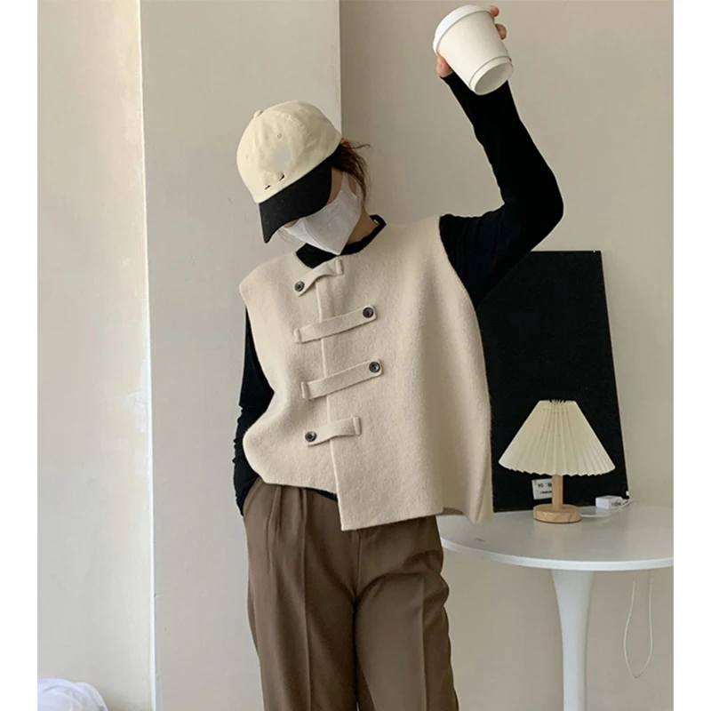 MEXZT Irregular Sweater Vest Women Preppy Solid Chic Button Knit Waistcoat Korean Office Lady Elegant Knitwear Casual Top New