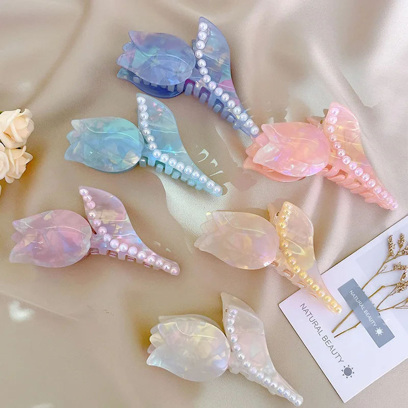 

Colorful Pearl Rose Flower Hair Claw Fairy Plant Shaped Shark Clips Korean Ins Sweet Claw Clip Hair Accessories for Women Girls