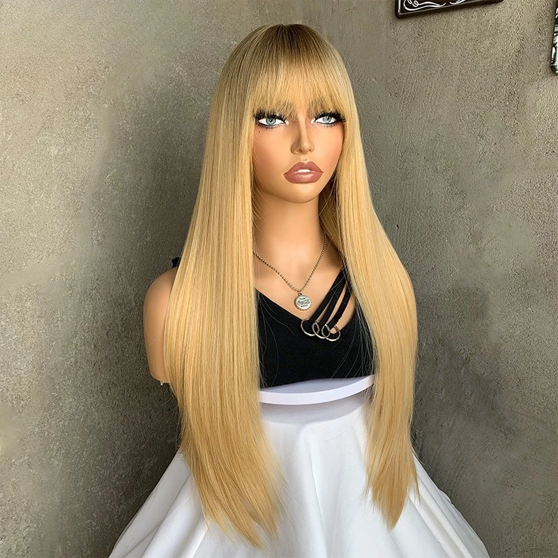 

European and American long straight hair Qi bangs blond natural matte high temperature silk mechanism wig women's headgear