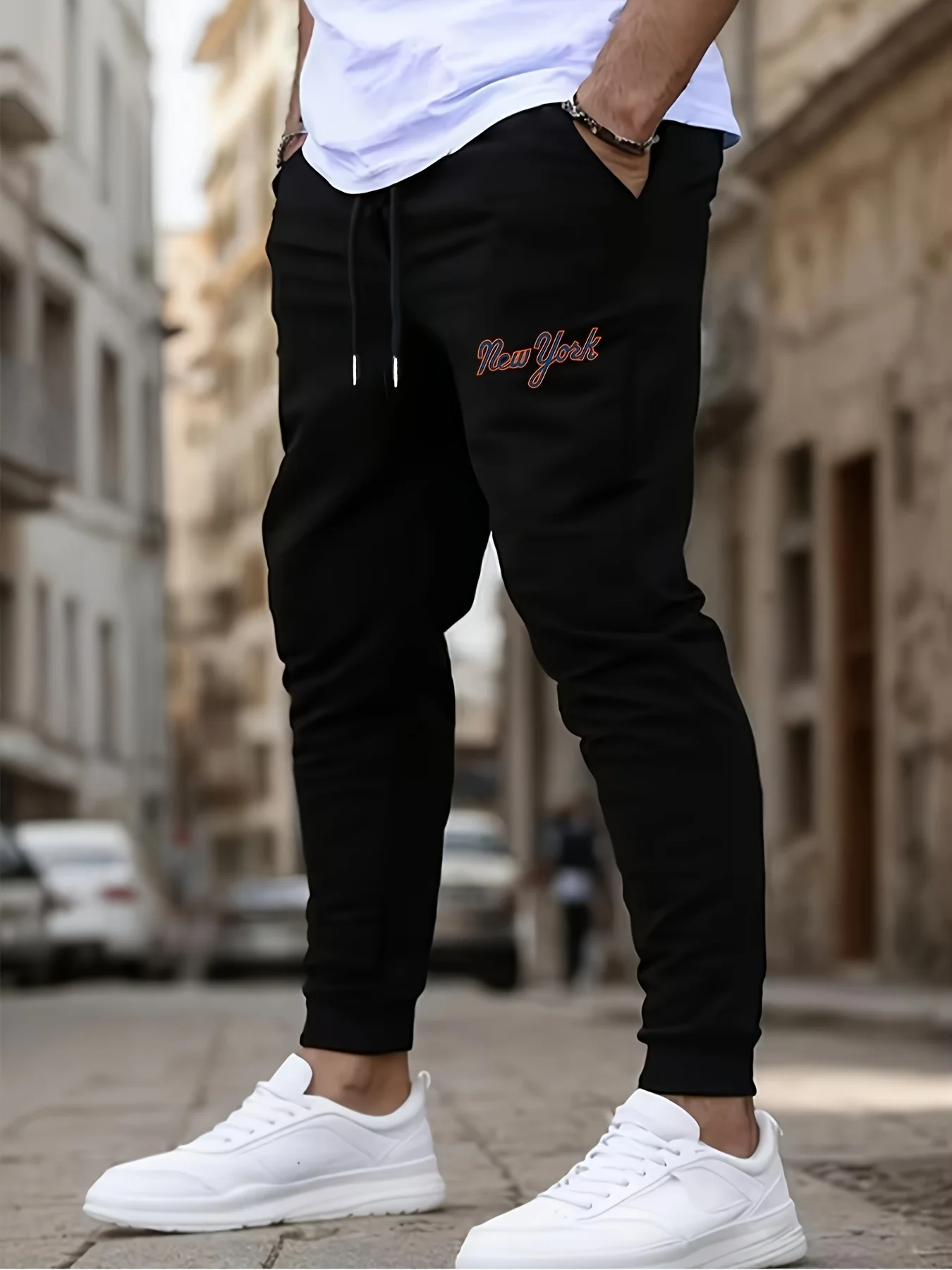 Urban‑trendy New York Vintage Script City Letter Graphic Print Stylish Tapered Sweatpants Men Hip Hop Sports Jogger Trousers