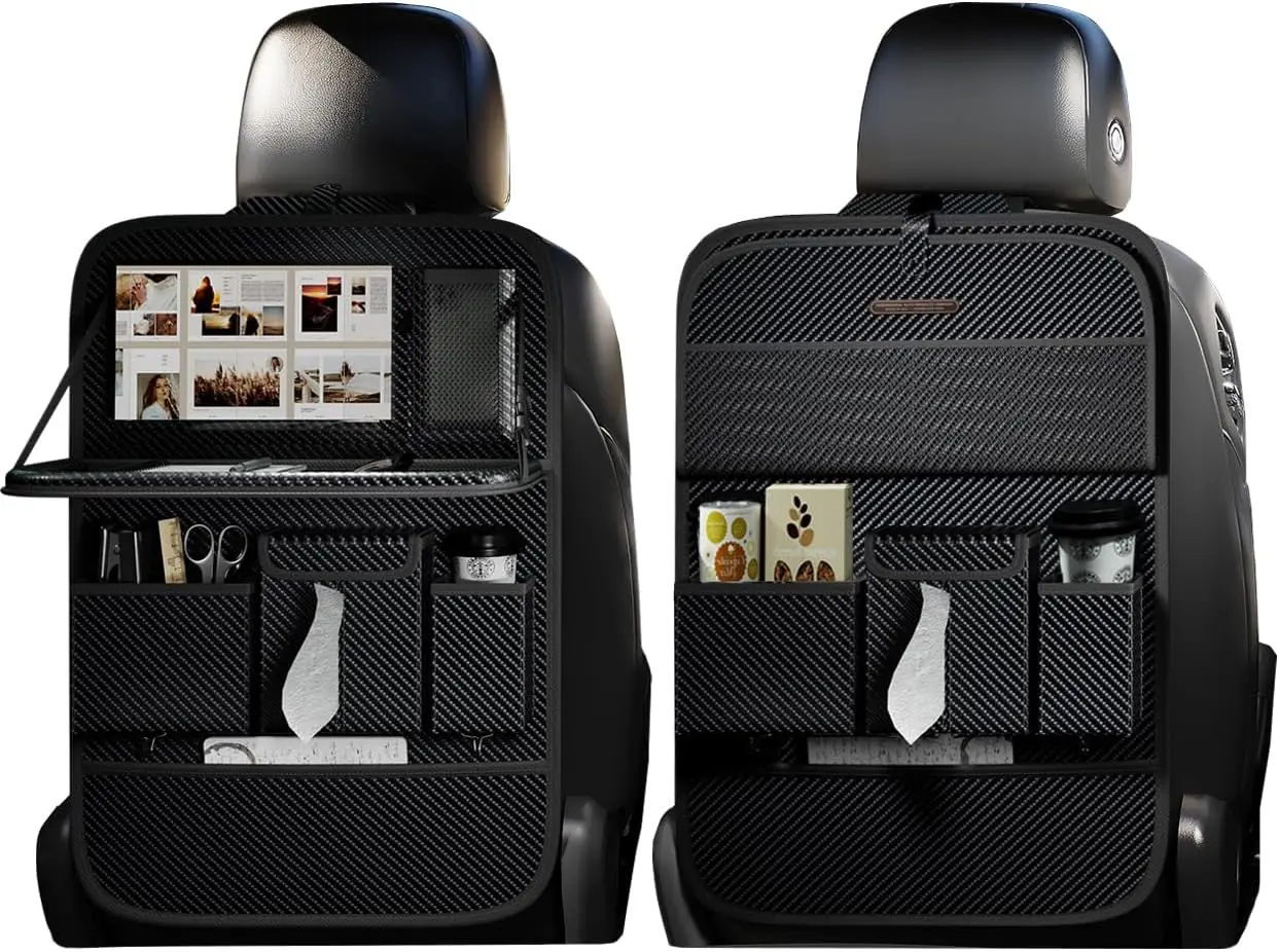 

Multi-functional Car Seat Organizers with Storage Pouches and Tray Holders for Cars, Kids, and Rear Seats (Carbon Fiber, 2 Pcs)