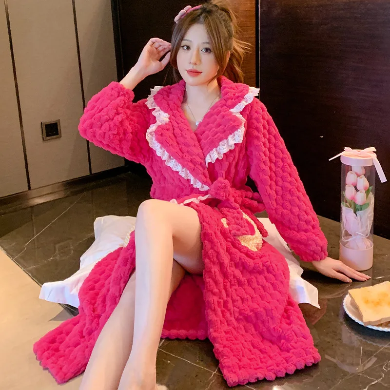 

2025 New Nightgown Women's Autumn and Winter Coral Velvet Rose Red Sexy Thickened Velvet Long Bathrobe Women's Pajamas