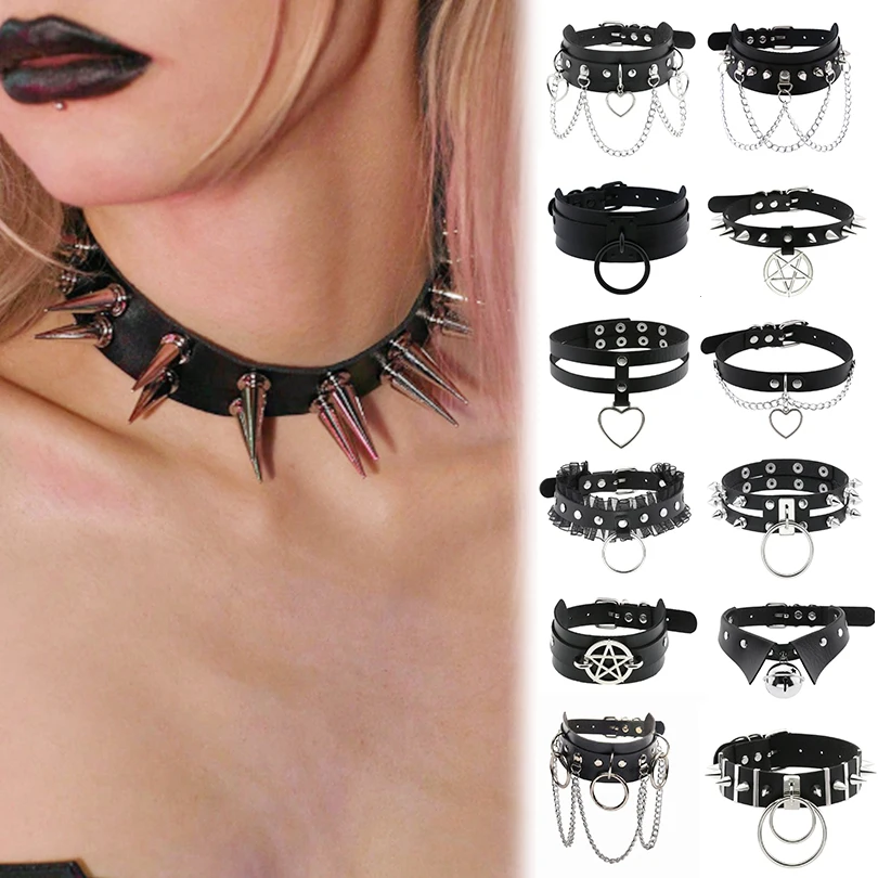 1Pc Vintage Sweet Heart Cool Women Rivet Spike Choker Necklaces Harajuku Gothic Star Pentagram Leather Collares Torques Jewelry