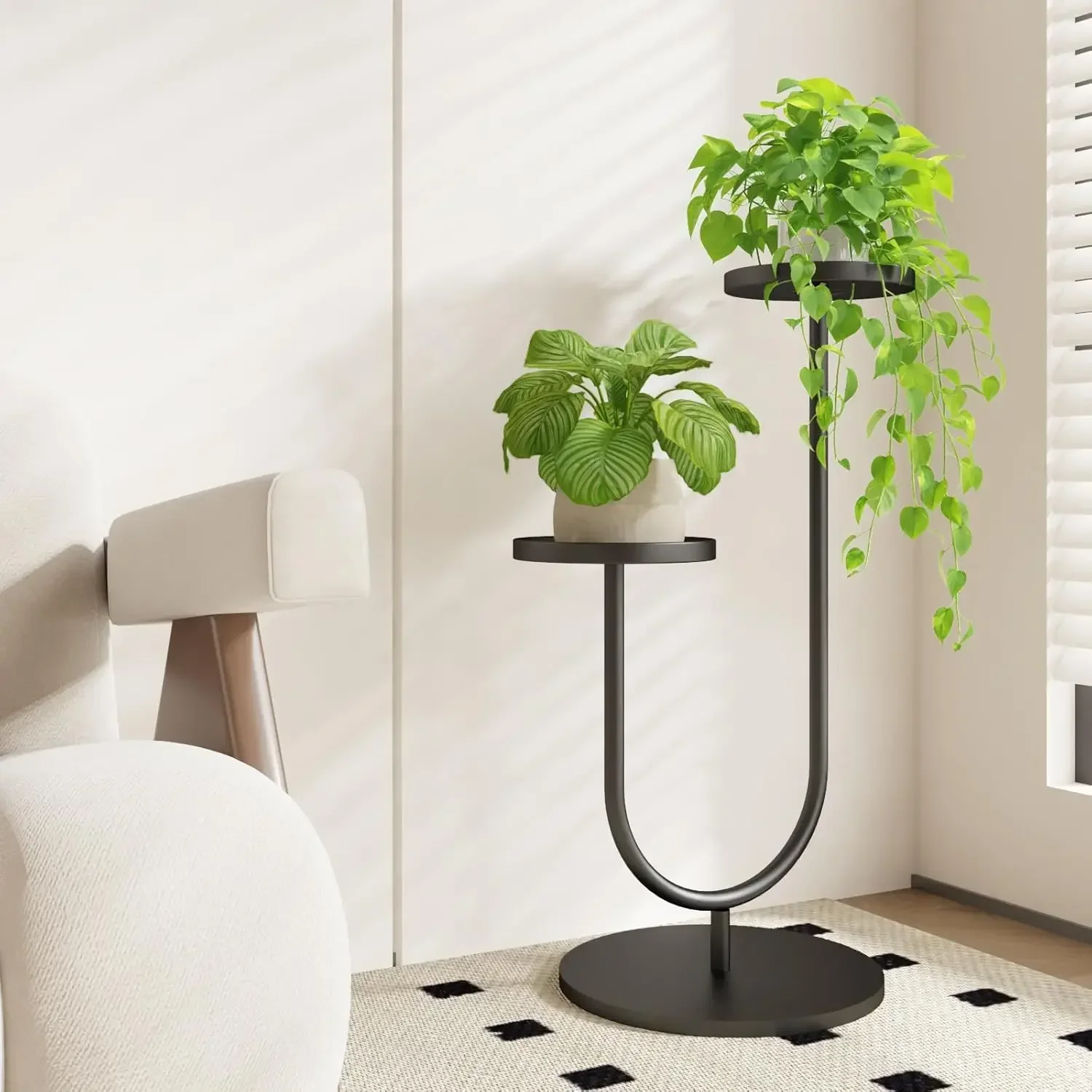 Modern Black Metal Plant Stand 2-Pot U-Shape Tall Flower Pot Holder Sturdy Minimalist Display Rack Indoor Living Room Corner Decor Stable Base Vertical Planter Shelf Bonsai Organizer Quick Assembly Balcony Accessories