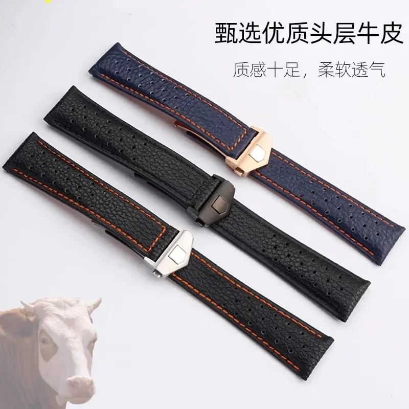 22mm Watch strap For TAG Heuer Monaco Carrara Watchband CAW211M 211P CAW211R 211T breathable Cow Leather Men's Folding buckle
