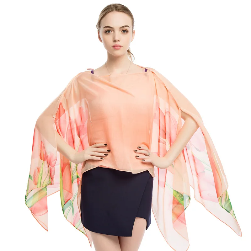 Women Sun Protection Shawl for Cycling Lady Summer Chiffon T-shirt Holiday Flower Scarf Bikini Blouse Breathable Beach Wrap