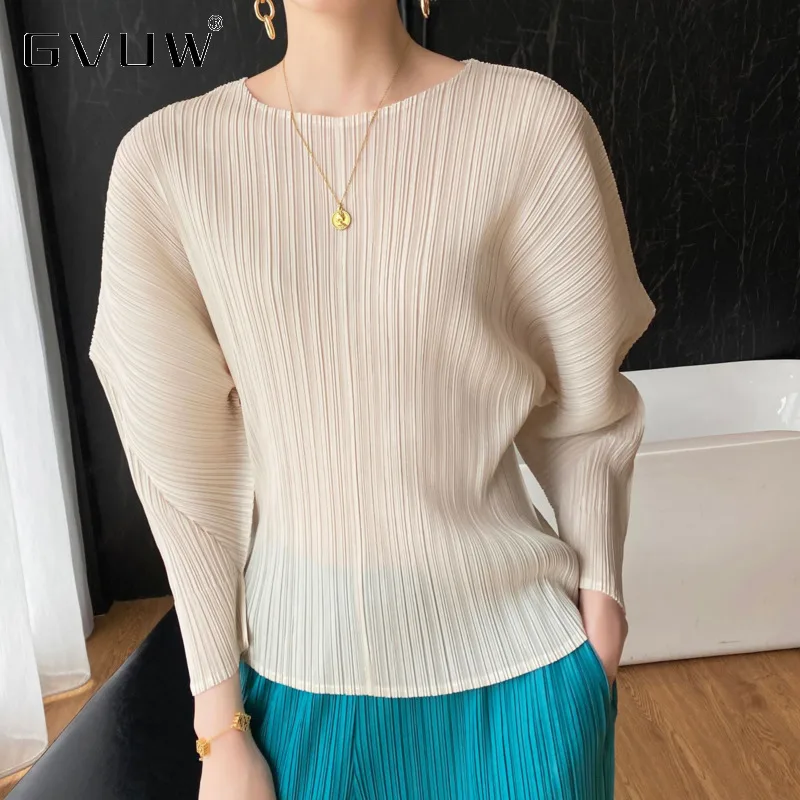 GVUW Pleated Round Collar T Shirt Women Full Sleeve Solid Color Versatile New 2024 Pullover Temperament Female Tops 17G8531