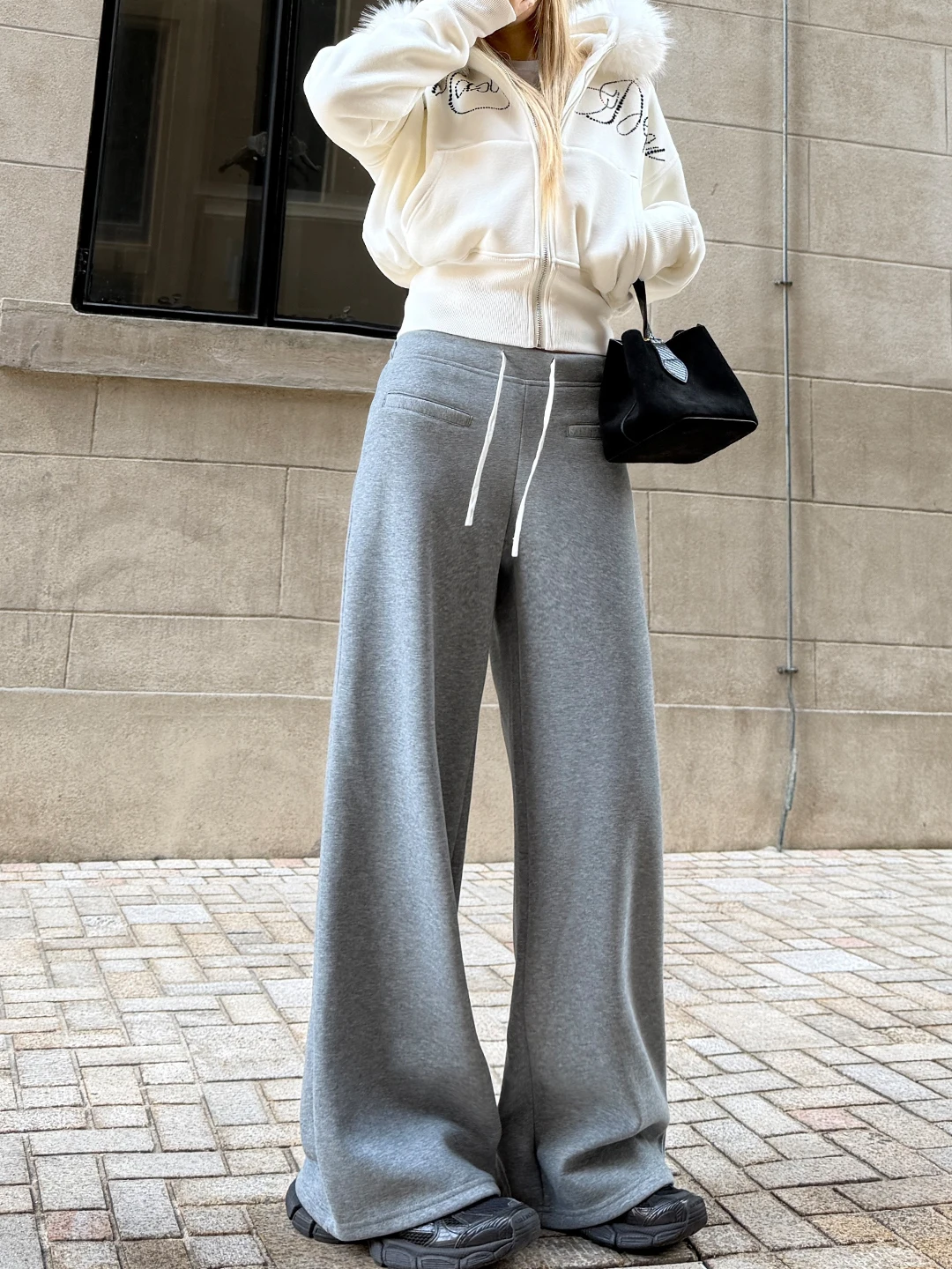 

Fce Lined ey Sweatpants Women's Winter Straight Leg Elastic Sports Pants Casual Slimming Wide Leg Trousers