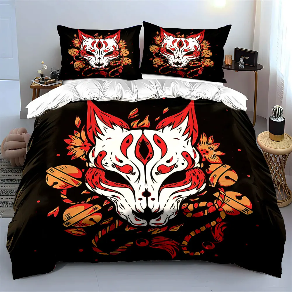 

Japanese Fox Mask Decor Set Bedding Set with 1 Duvet Cover 2 Pillowcases Single Double King Queen, Gift