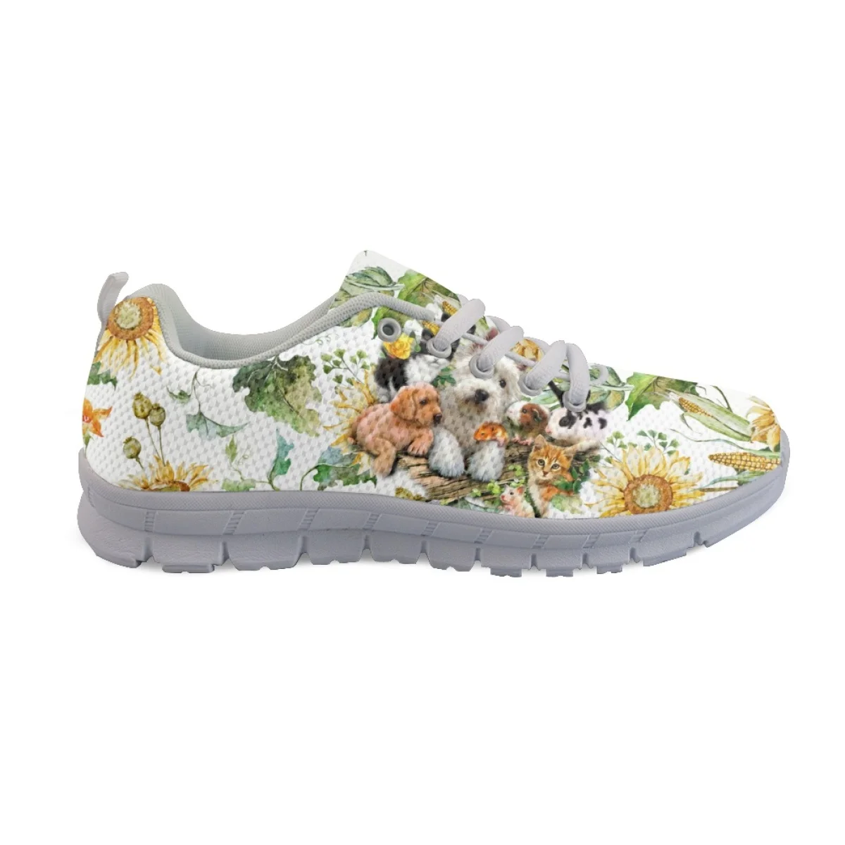 INSTANTARTS Fashion Sunflower Print Ladies Casual Sneakers 3D Dog Design Women Flat Shoes Lightweight Lace up Footwear Zapatos