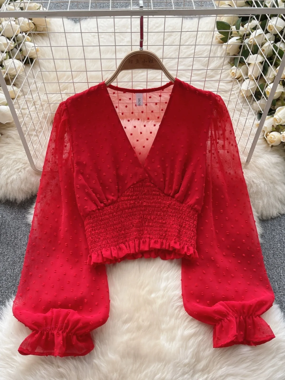 

Women's INS Sle ort Crop Top Long Sve Chiffon irt Holiday Faion Slimming Top Korean Version Commute Pattern