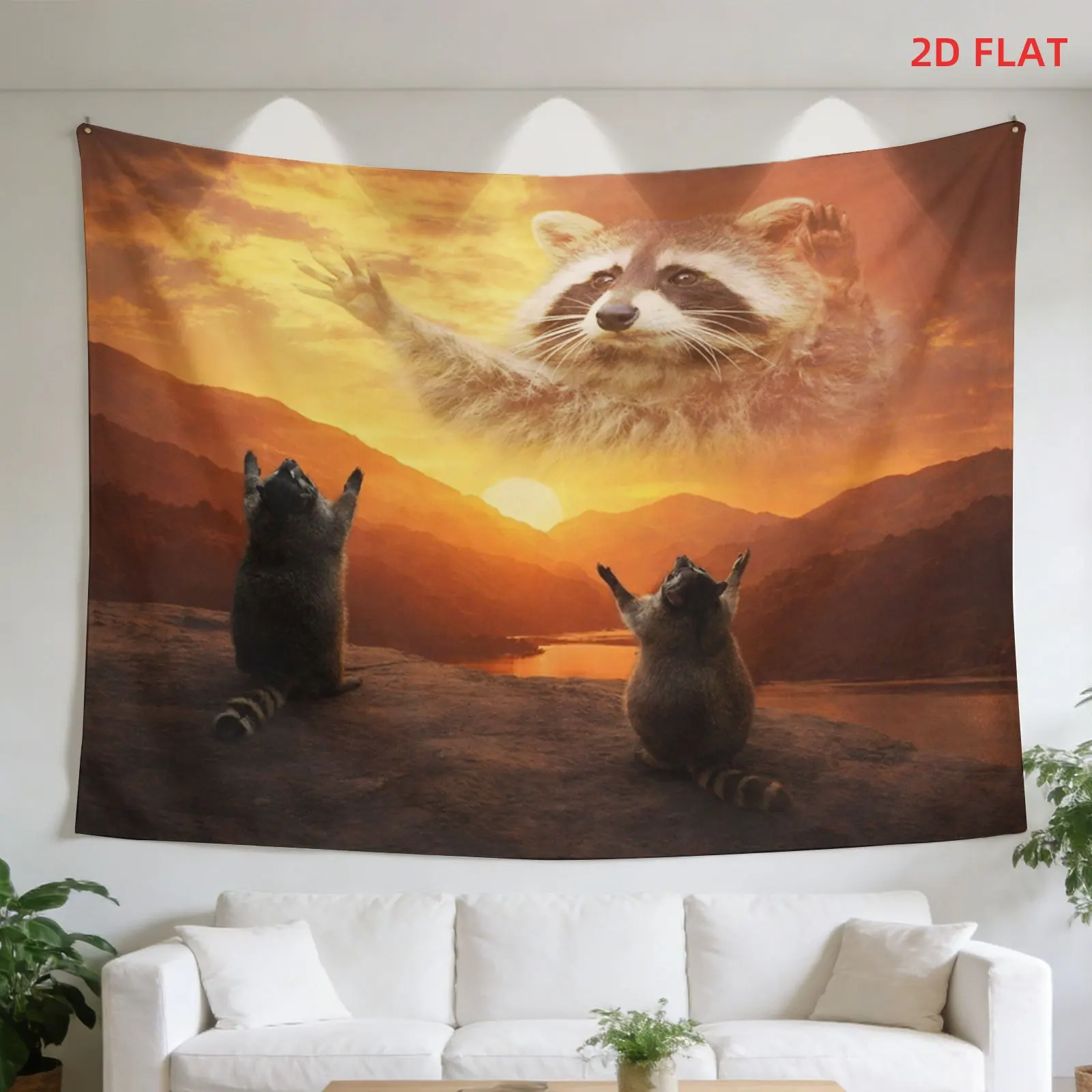 Internet Celebrity Worships Raccoon Meme Tapestry Sunset Funny Fun Background Cloth Dormitory Bedroom Wall Hanging Cloth