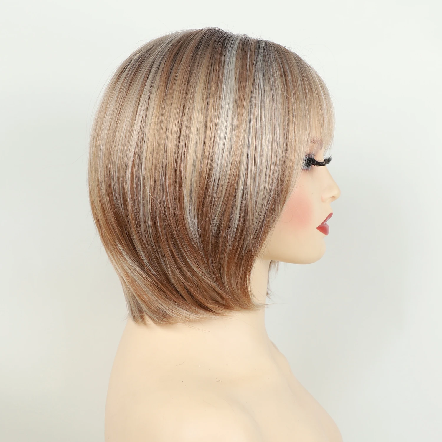 Perruque Bob Synthétique Courte Blonde avec Frange pour Femme, Cheveux Lisses, Racines Noires, Ombre, ix, Maman, Mode