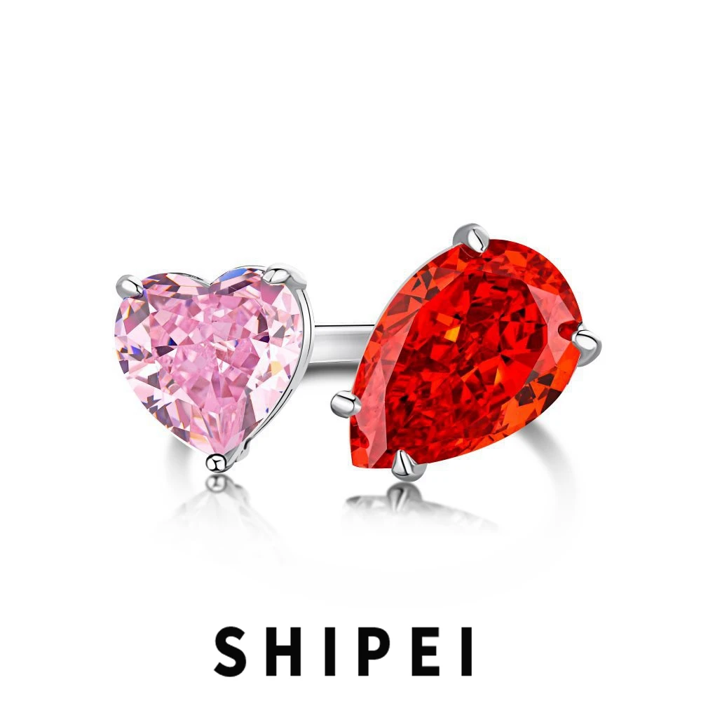 

SHIPEI 925 Sterling Silver Heart/Pear Pink Sapphire Ruby Gemstone Fashion Open Adjustable Ring For Women Fine Jewelry Wholeslae