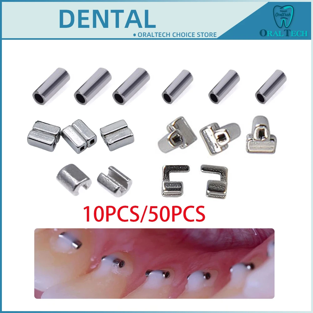 10/50 Uds ortodoncia gancho engarzable Mini topes Dental adherible Cruz doble tubo botón Lingual tracción materiales metálicos