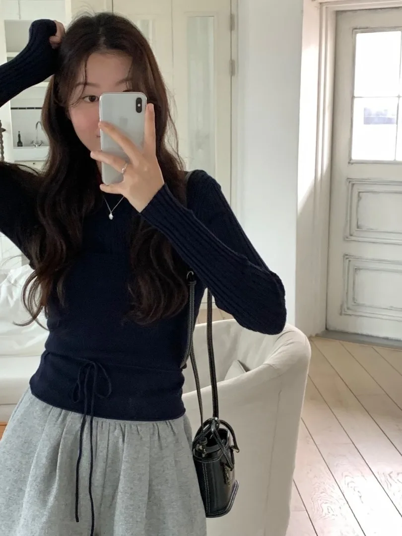

Chic Autumnal Sweet Knitted Long Sve Base Layer Sweater + Tie Strap Tube Top Set Color Commute Sle Garment