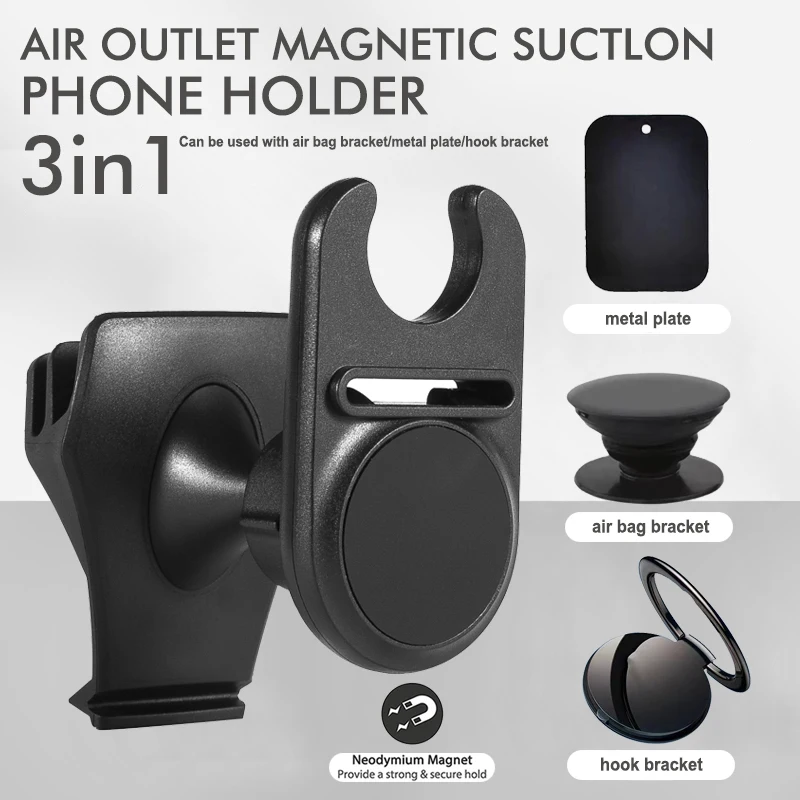 3-in-1 Magnetische Auto-Handyhalterung für Lüftungsschlitze |   Neodym-Magnet |   Universell einsetzbar für alle Handys mit Airbag-/Hakenhalterung