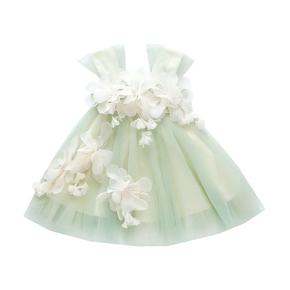 Robe de soirée à fleurs vert clair pour filles, robe trapèze décontractée, col carré, appliques de fleurs douces, longueur au genou, mignon