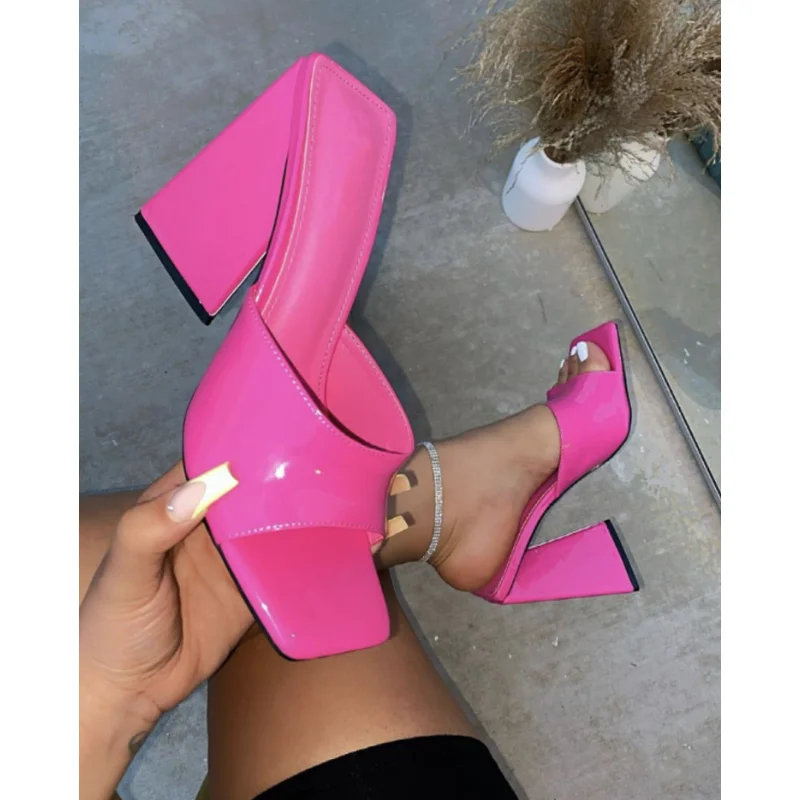 High Heels Summer High-heeled Slippers Women Triangle Thick Heel Slippers Sexy  Square Toe Thick Heel Open-toe Slip on Sandals