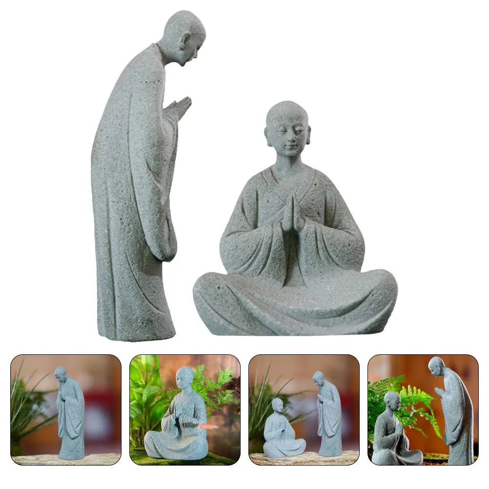 

2Pcs Wish Monk Statue Mini Stone Monk Sculpture Garden Outdoor Home Tea Table Decor Mini Monk, Small Statue Desktop Decor