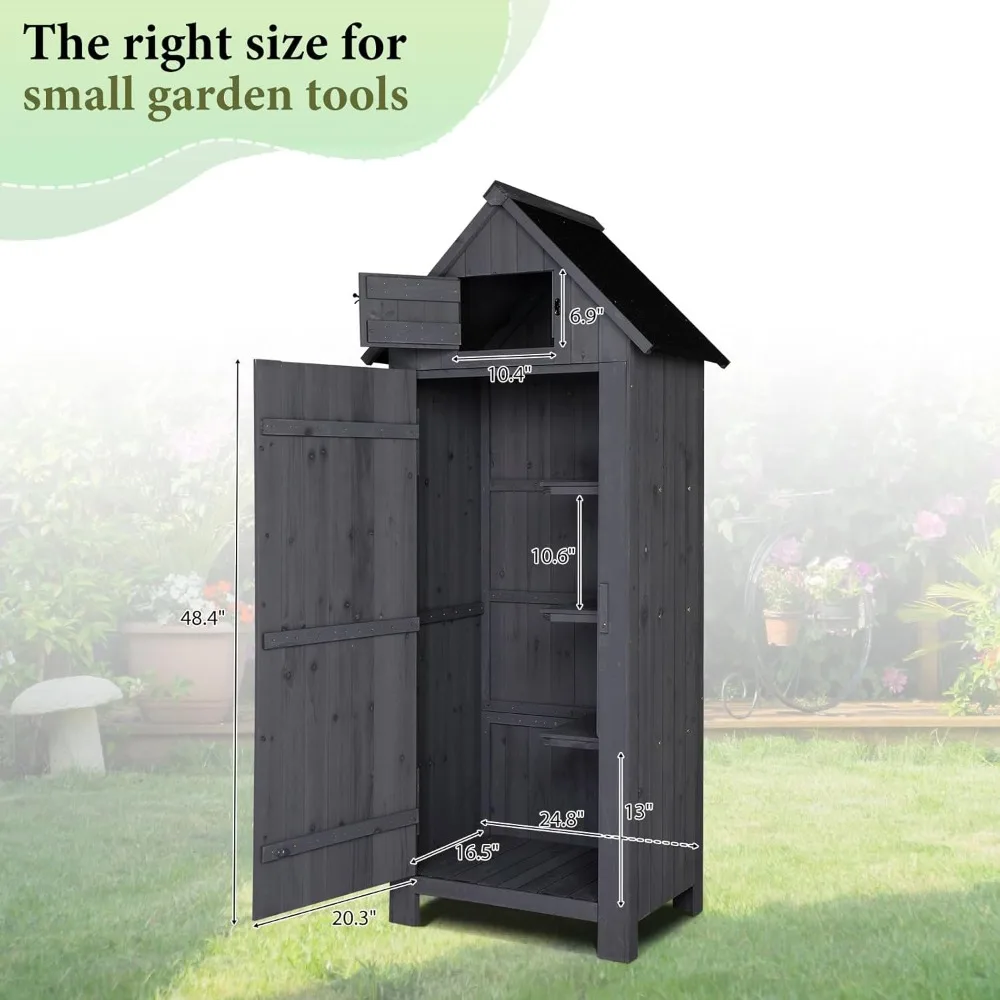 سقيفة تخزين خشبية خارجية من VINGLI: خزانة أدوات الحديقة مع مزلاج أمان ومنظم تخزين الفناء باللون الرمادي الداكن #2