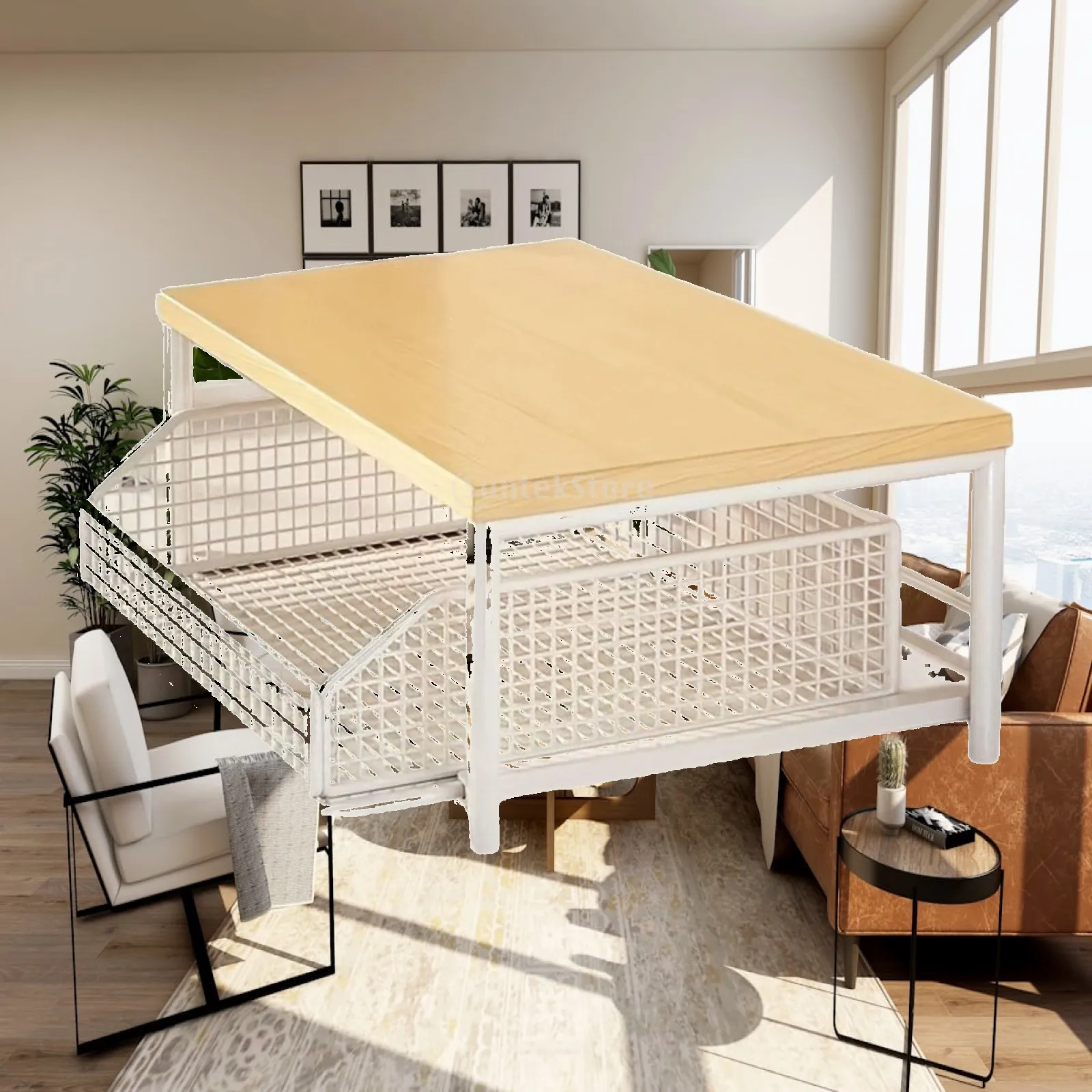 Kitchen Counter Shelf 2 Tier Storage Rack with Slide Out Basket for Microwave Oven Coffee Maker and Spice Organizer Stand Holder
