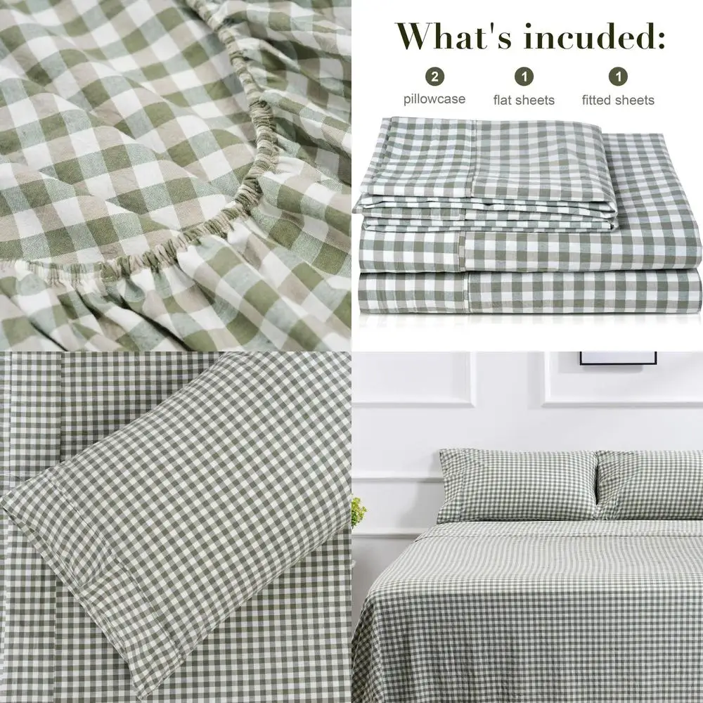 

Queen Size Cotton Sheet Set - 4-Piece Checkered Green, Deep Pocket, Soft & Durable Sheets with 2 Pillowcases