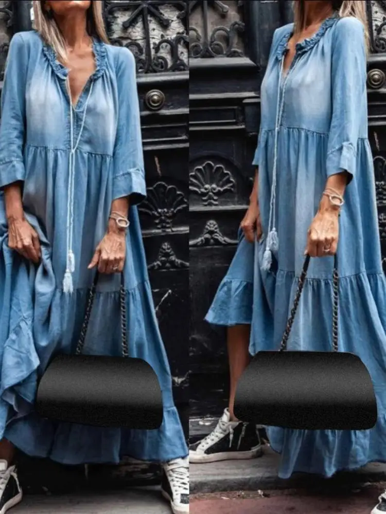 

Винтажное свободное длинное платье-рубашка больших размеров с рукавом 3/4, повседневное джинсовое платье в уличном стиле для женщин, летний сезон, с завышенной талией
