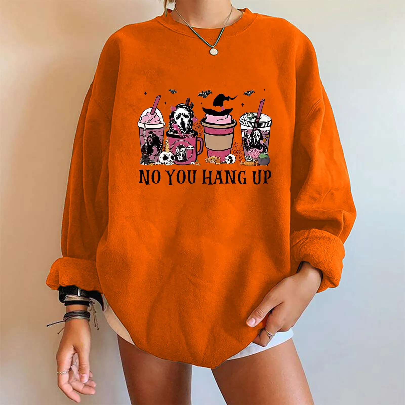 

Screaming In Shock Halloween Sweatshirts For Ladies Aesthetic Pullover Letter Print Hoodieless Streetwear Autumn Hoodie Orange