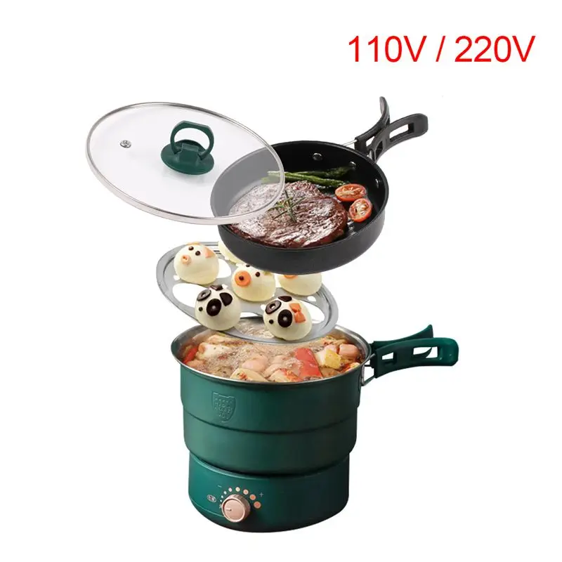 

110V/220V Electric Split Cooking Pot Foldable Multicooker Frying Pan Hotpot Steamer Rice Cooker Soup Maker Water Boiler Travel