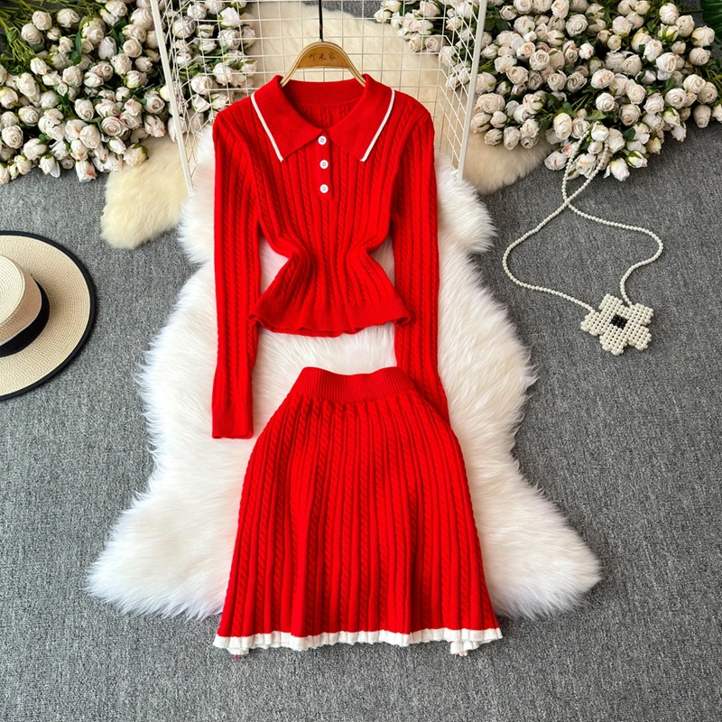 REALEFT Autumn Winter 2 Pieces Women\'s Sets Knitted Tracksuit Polo Collar Sweater and A-line Skater Skirts Suits 2024 New