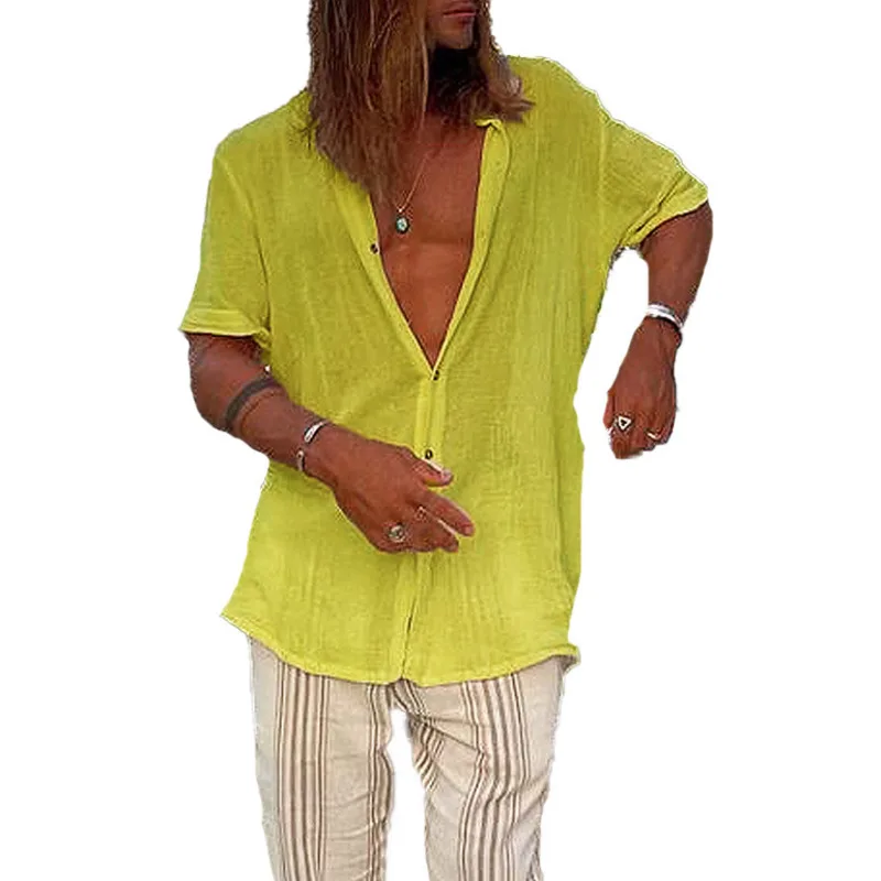 2025 summer men's simple and versatile solid color stand up collar short sleeved shirt beach style loose casual thin shirt