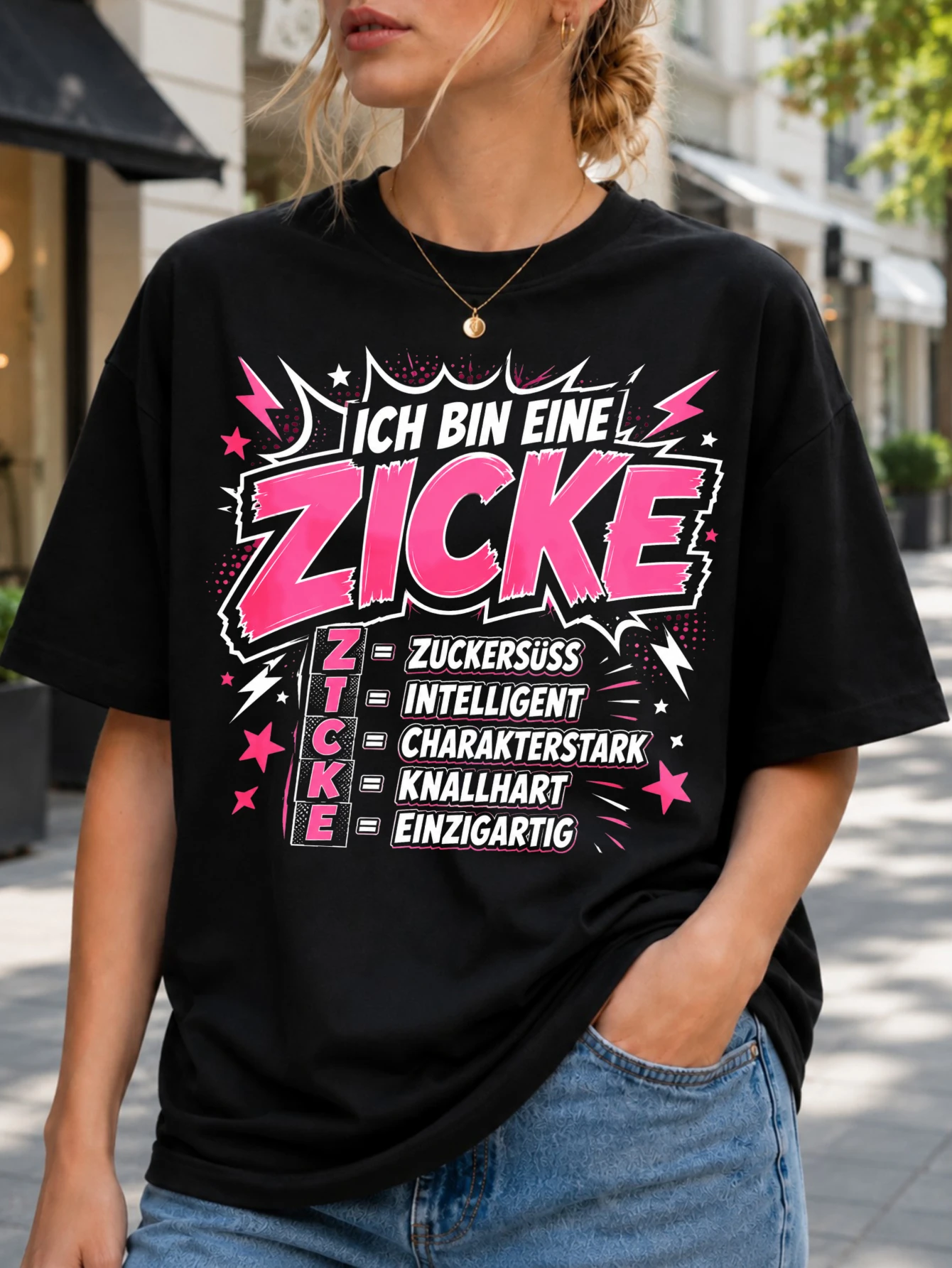 Ich Bin Eine Zicke comic pink lightning graphic with stars burst outlines and German acronym  Unisex All T-Shirt