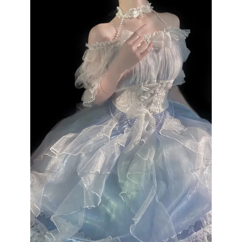 كذبة حوريات البحر لوليتا تي شيرت ملابس على الطراز الغربي فستان أنيق أزرق للحفلات المسائية فستان الأميرة الجنية الفاخرة