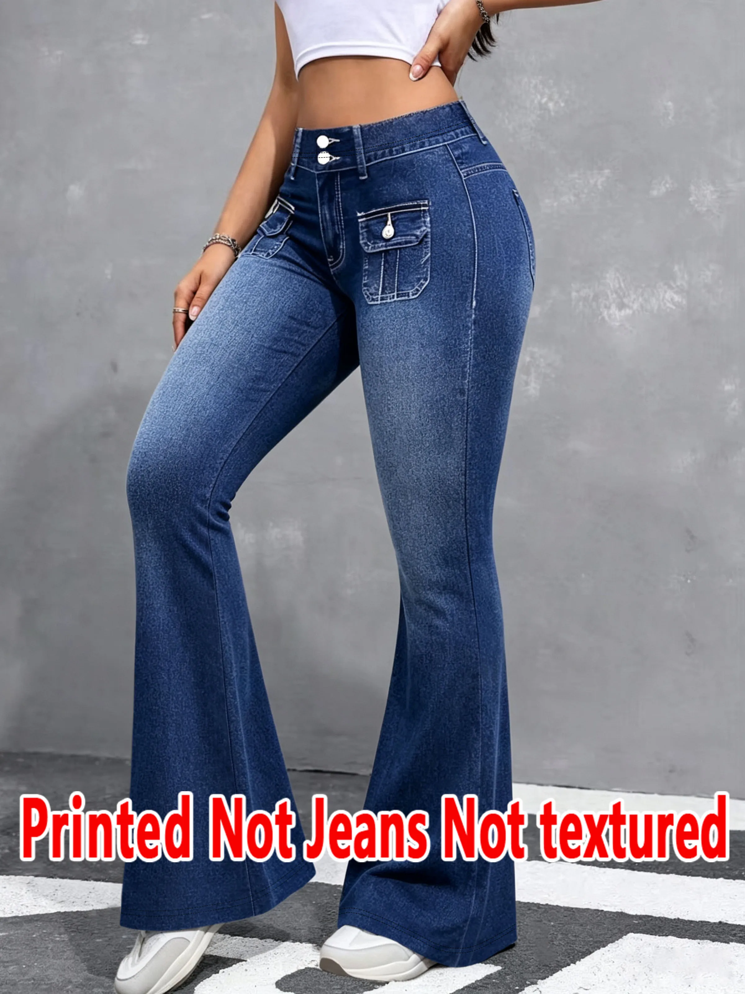 1597   Ladies Non- Denim Floral Print Bell Bottom Pants Texture-Free Simulation Denim Four Seasons Wearable Long Trousers