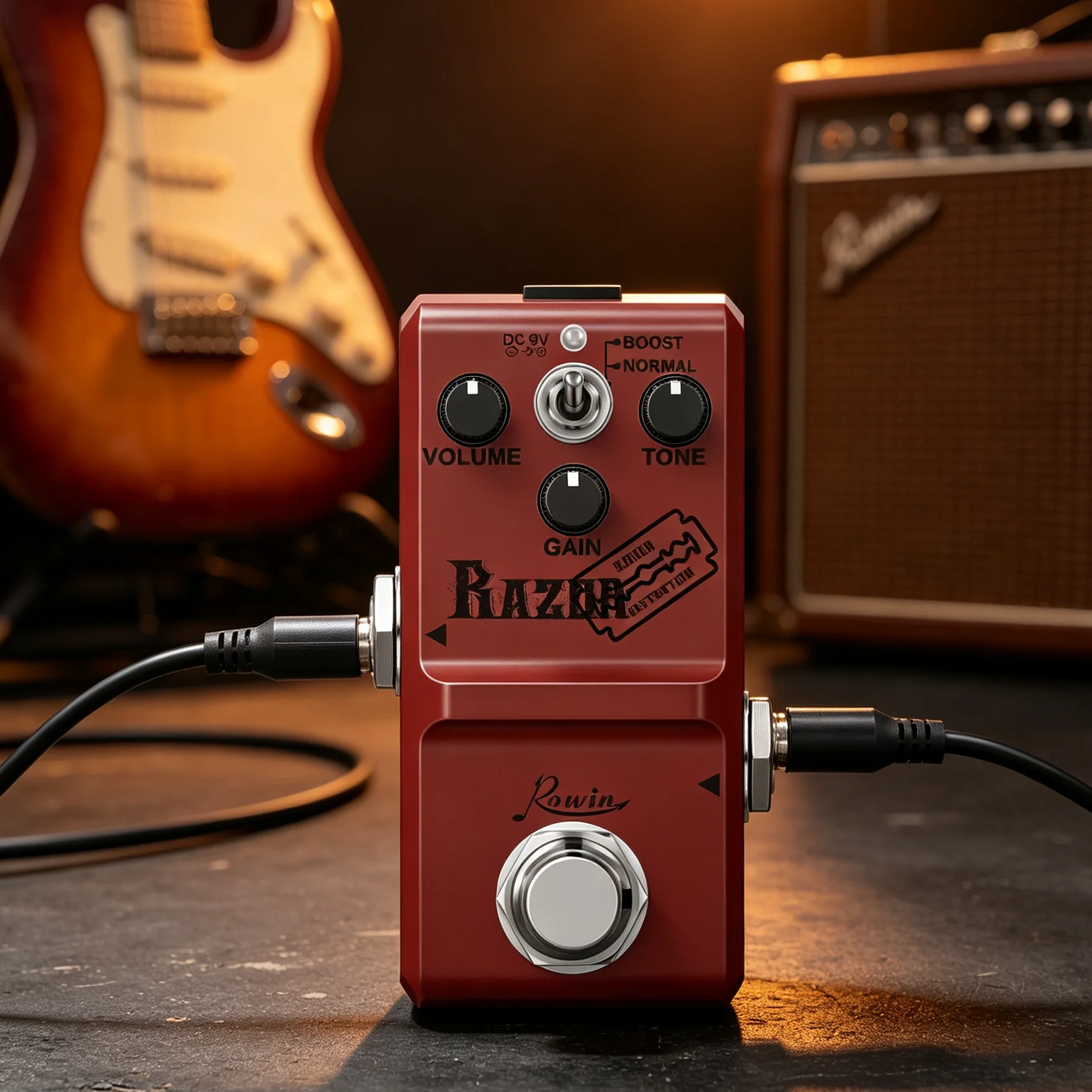 Image of Rowin Tiny Razor High-Gain-Distortion-Gitarreneffektpedal mit Boost & Normal 2-Modus-Analog-Distortion-Stompbox für E-Gitarre
