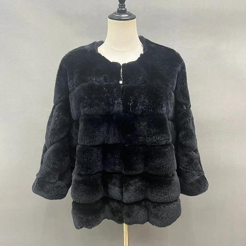 2024 Women's Winter Fur Coats Fashion Rex Rabbit Fur Soft Warm Rabbit Jacket Lady Luxury Capes Zipper Oversize Coat