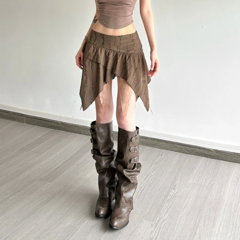 SylCue ตาข่าย Patchwork Mini กระโปรงผู้หญิงเอวยางยืดไม่สม่ําเสมอ Ruched Ruffles High Street สไตล์สบายๆคลาสสิก Bottoms