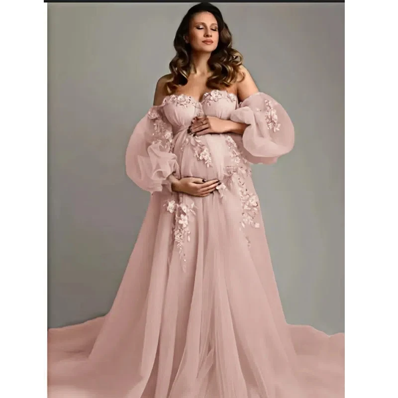Hand-Finished Maternity Gown - Off-Shoulder Sheer Tulle Dress with Embroidery Appliques for Baby Shower & Pregnancy Photoshoots