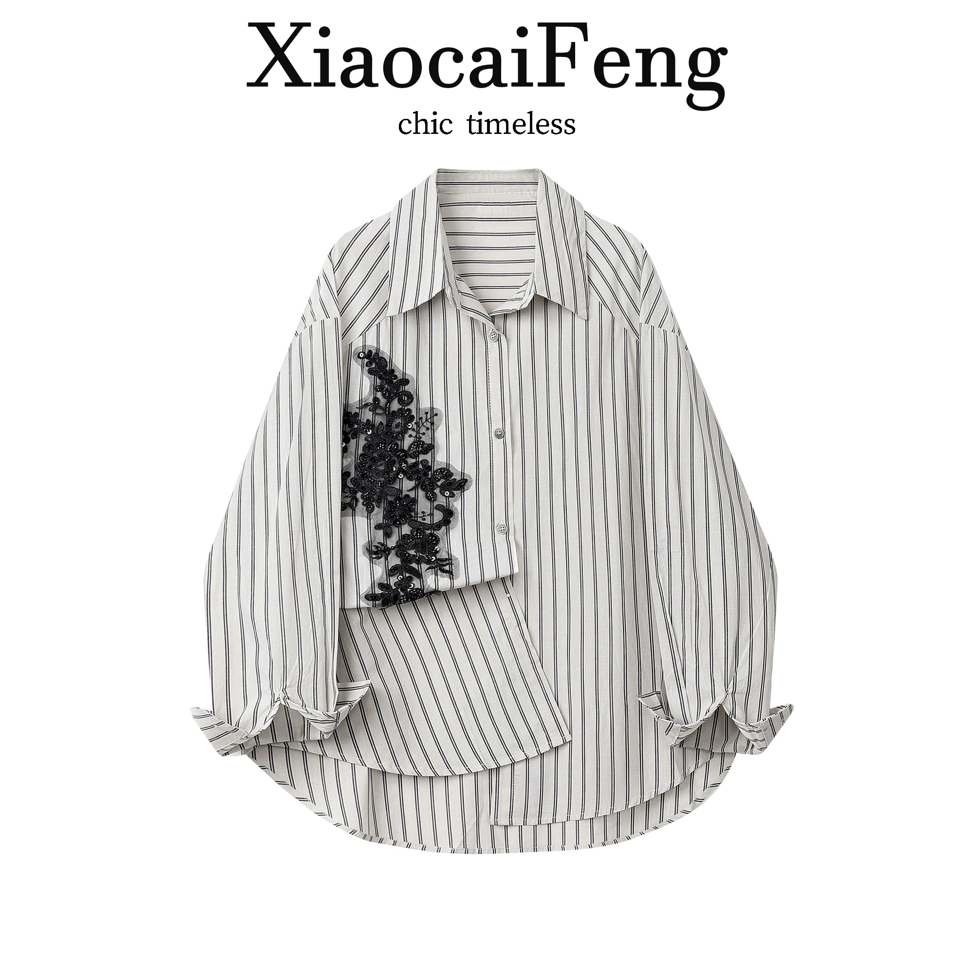 

Elegant Floral Embroidery Vertical Striped Shirt Women's Loose Outerwear Trendy Spring French Style Slimming Long Sleeve Blouse