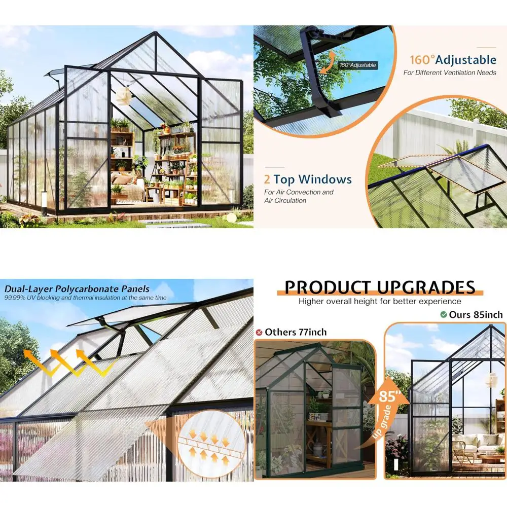 

Outdoor Polycarbonate Greenhouse 8x11.5x7 Feet - Heavy Duty Aluminum Frame, 2 Top Ventilation Windows, 2 Swing Doors, Ideal for