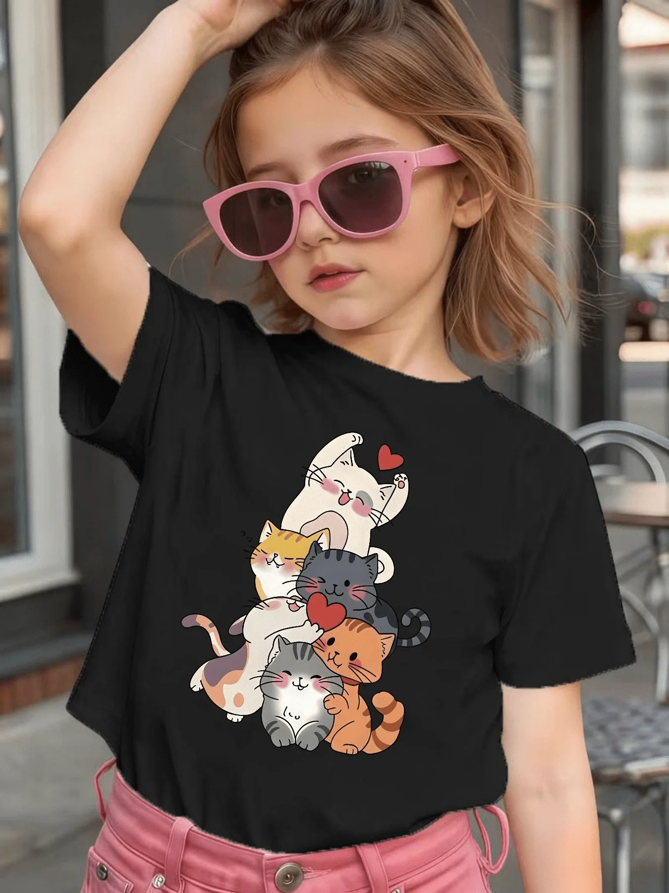 Cute Stacked Kitten Heart T Shirt Breathable Cotton Short Sleeve Boys Girls Parent Child Matching Summer Casual Daily Soft Tops