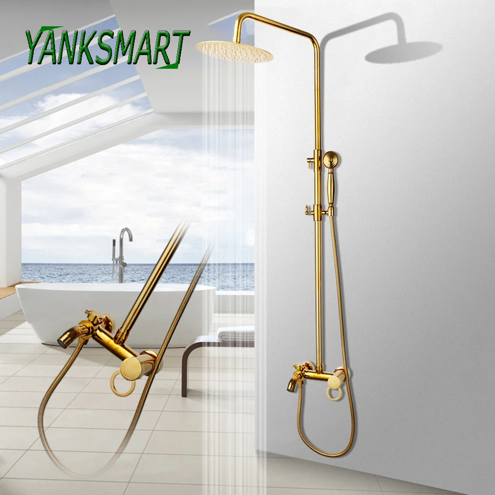 

YANKSMART Gold Bathroom Shower Faucet Set 8" Rainfall chuveiro Head Round Wall Mounted Shower System Bathtub Mixer Water Tap