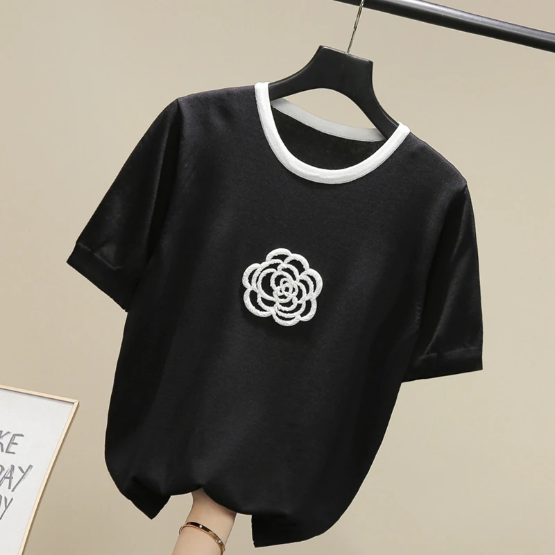 

Новая женская футболка из трикотажа «Ледяной шелк» с вышивкой «Чайная роза», круглым вырезом и коротким рукавом, однотонная, для повседневной носки, летняя коллекция