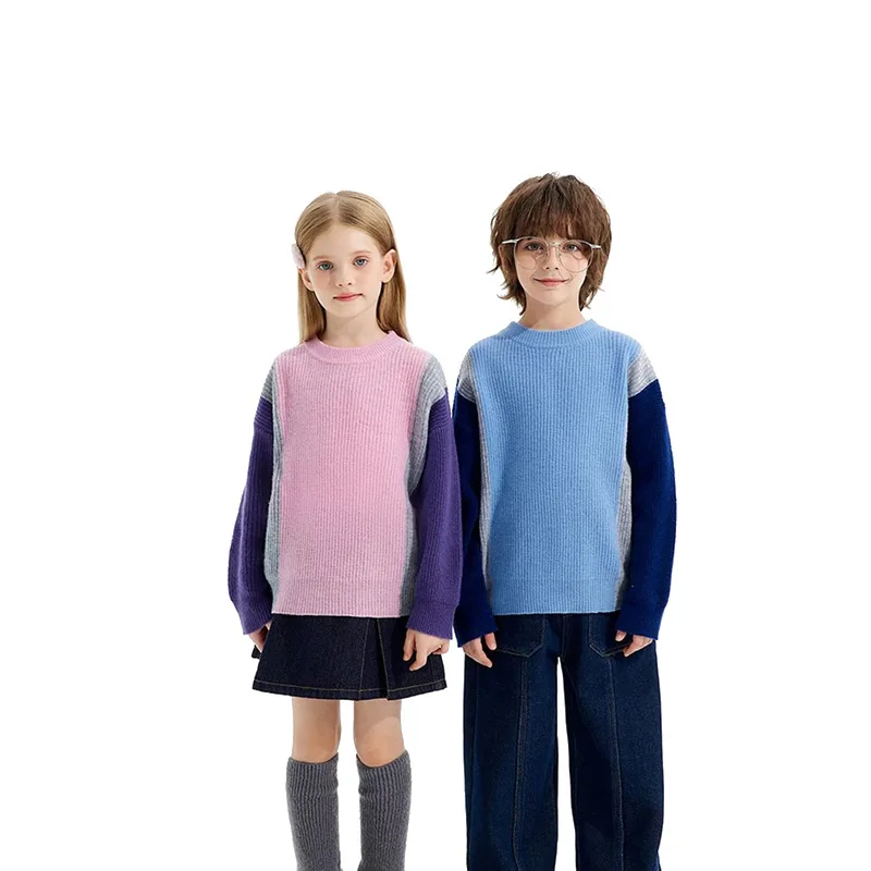 

Детский свитер для маленьких девочек, новый зимний 100% шерстяной лоскутный свитер с круглым вырезом, детские пуловеры для мальчиков, утепленный теплый трикотаж для мальчиков от 3 до 6 лет