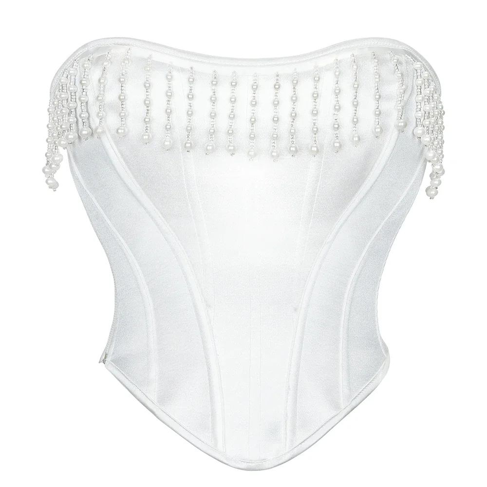 

White Overbust Corset Strapless Bustier Crop Tube Top with Pearl Tassel Korset