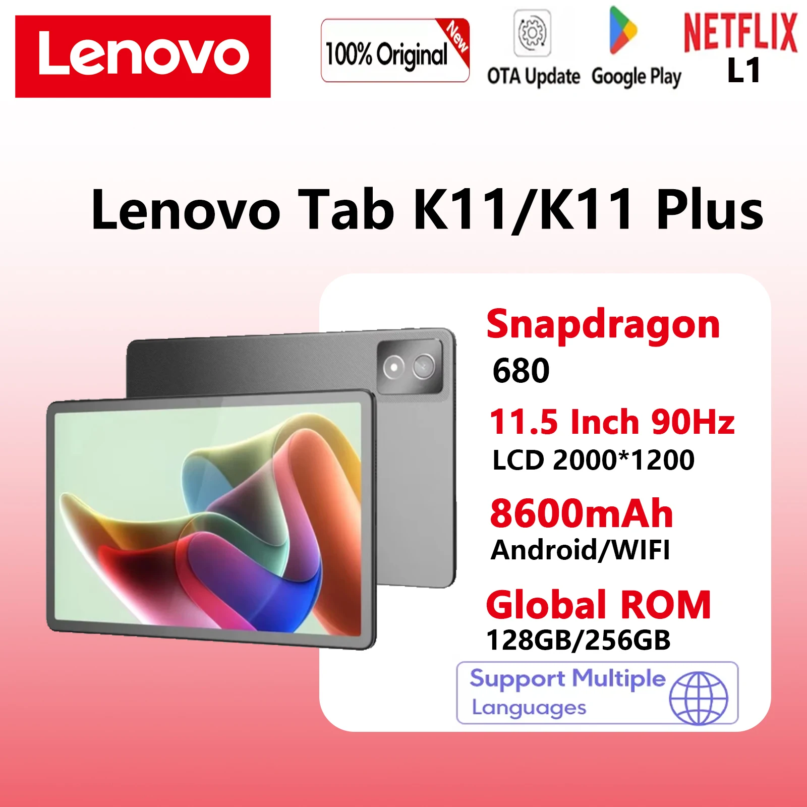البرامج الثابتة العالمية Lenovo K11/Plus Tablet WIFI 11.5 بوصة معالج Snapdragon 680 8+256G /6+128 GPS 8600mAh Android14