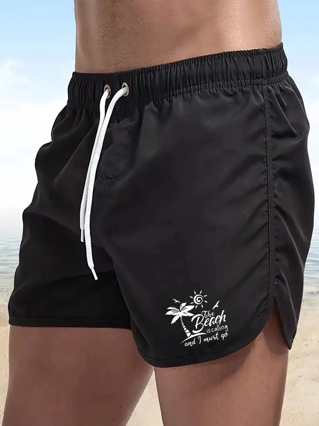 

New summer men's printed swim trunks, quick-drying, breathable, slim-fit and stylish beach shorts, featuring a coconut tree prin